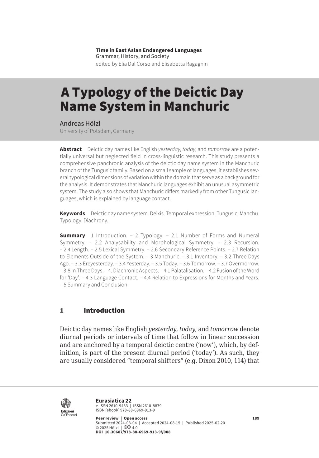 New paper in Eurasiatica: “A typology of the deictic day name system in Manchuric”