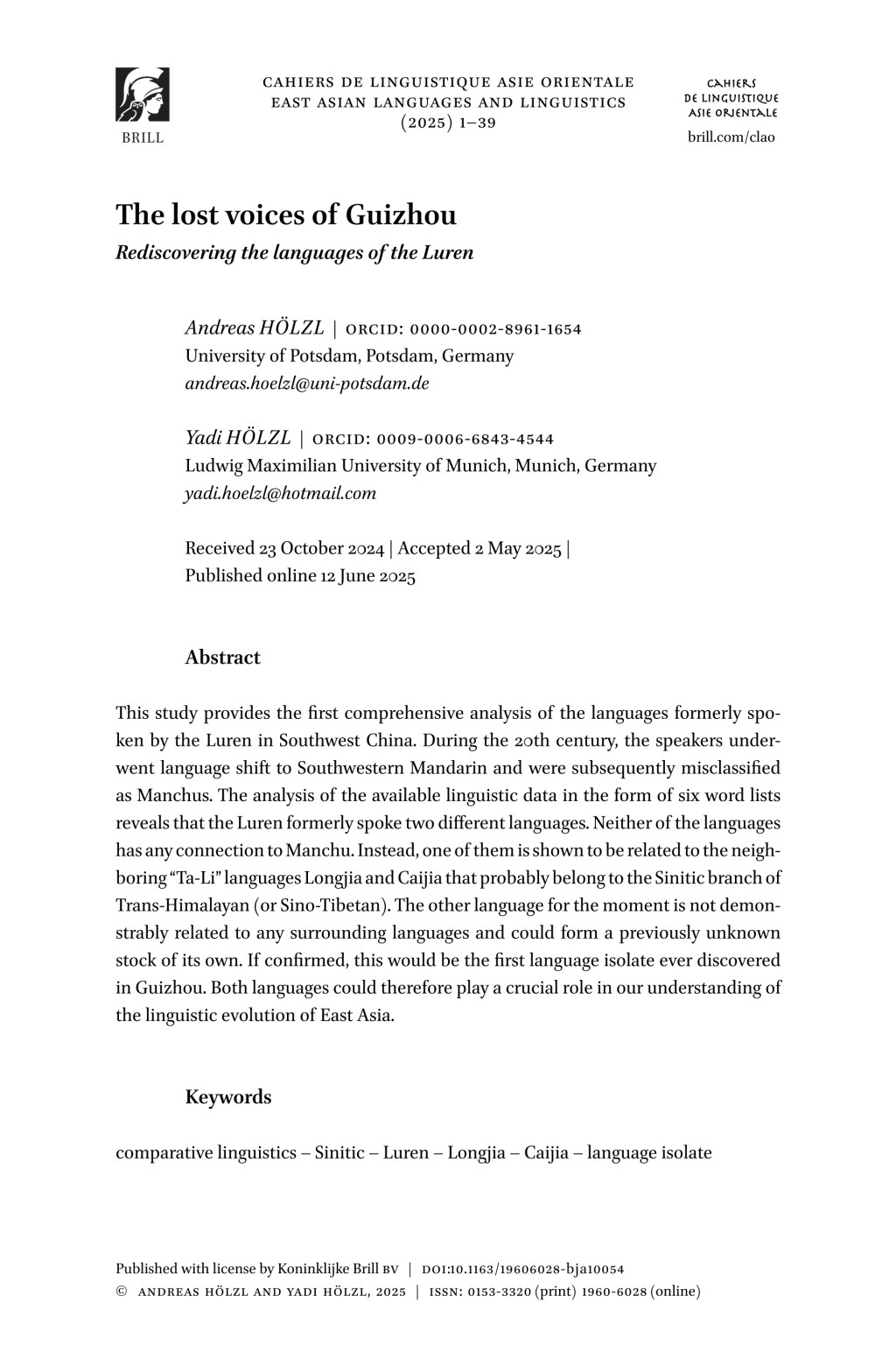 New paper in Cahiers de Linguistique Asie Orientale: “The lost voices of Guizhou: Rediscovering the languages of the&nbsp;Luren”