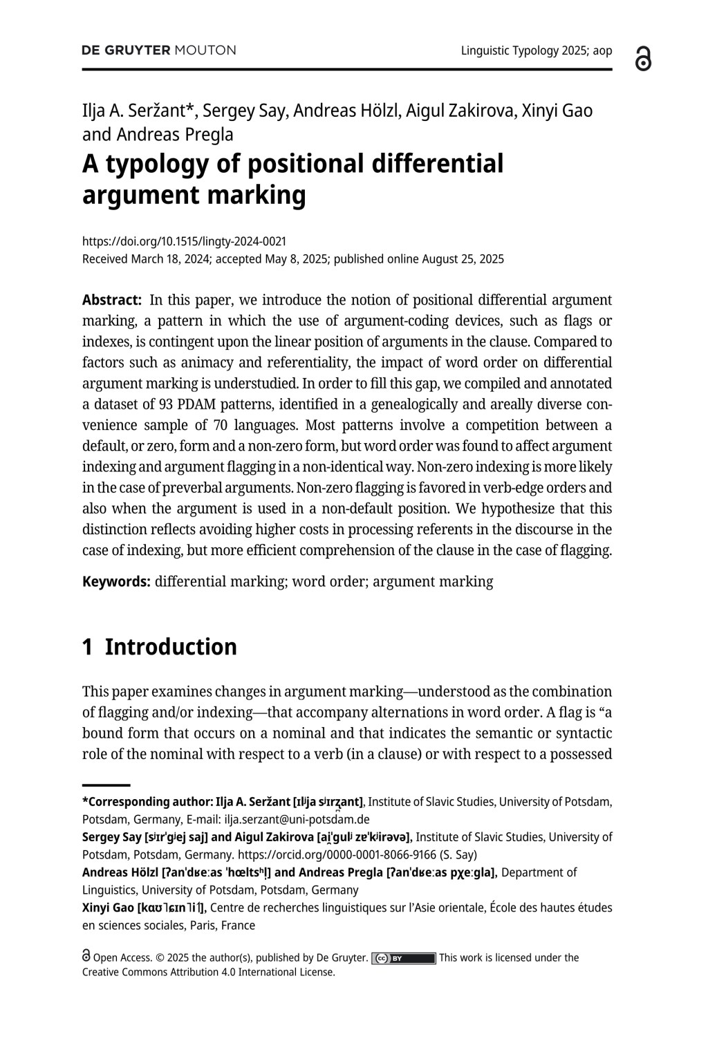 New paper in Linguistic Typology: “A typology of positional differential argument&nbsp;marking”